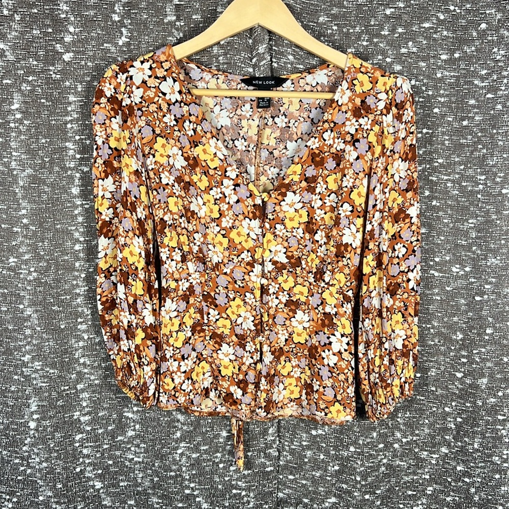 New Look Tea Blouse in‎ Orange Ditsy Floral Pattern Long Sleeve Size 4
